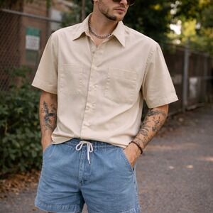 Vintage Sears Perma Prest Shirt Beige Short Sleeve Mens XL 16.5 Made Korea Retro